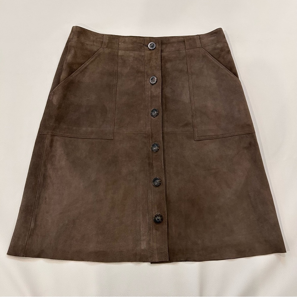 Banana Republic Dark Brown Goat Leather Suede A-Line Button Skirt